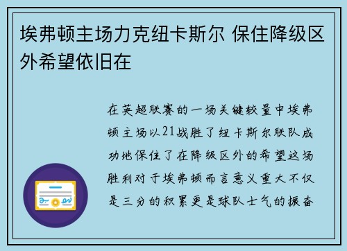 埃弗顿主场力克纽卡斯尔 保住降级区外希望依旧在 埃弗顿主场力克纽卡斯尔 保住降级区外希望依旧在