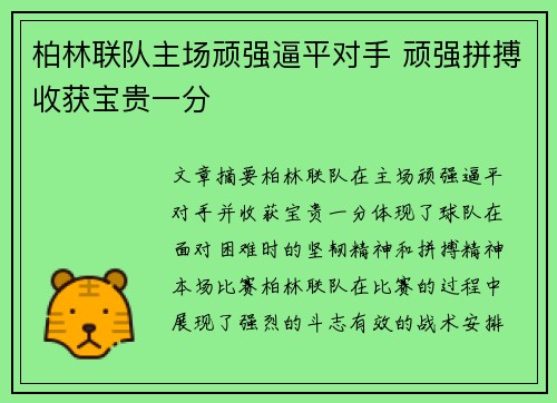柏林联队主场顽强逼平对手 顽强拼搏收获宝贵一分